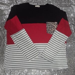 Colorblock Long Sleeve Top with Leopard Pocket